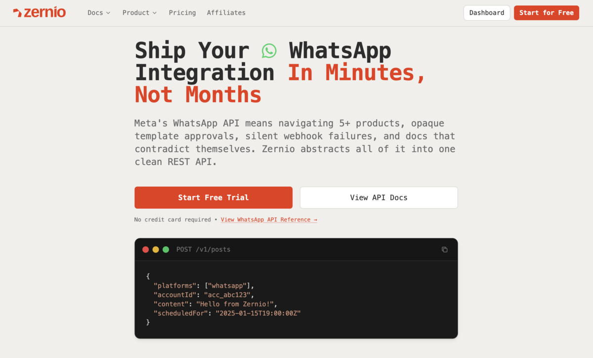 Zernio whatsapp business api support